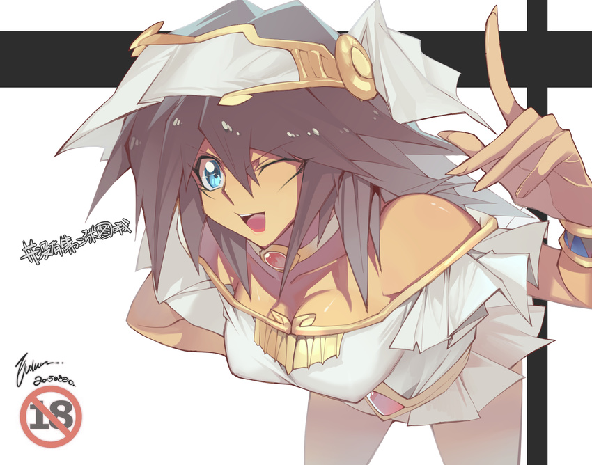 ;d black_hair blue_eyes bracelet breasts choker cleavage collarbone dark_magician_girl dark_skin dated dress ege_(597100016) egyptian_clothes hand_on_hip headdress highres jewelry large_breasts leaning_forward looking_at_viewer mana_(yuu-gi-ou) off-shoulder_dress off_shoulder one_eye_closed open_mouth signature smile solo translation_request yuu-gi-ou yuu-gi-ou_duel_monsters