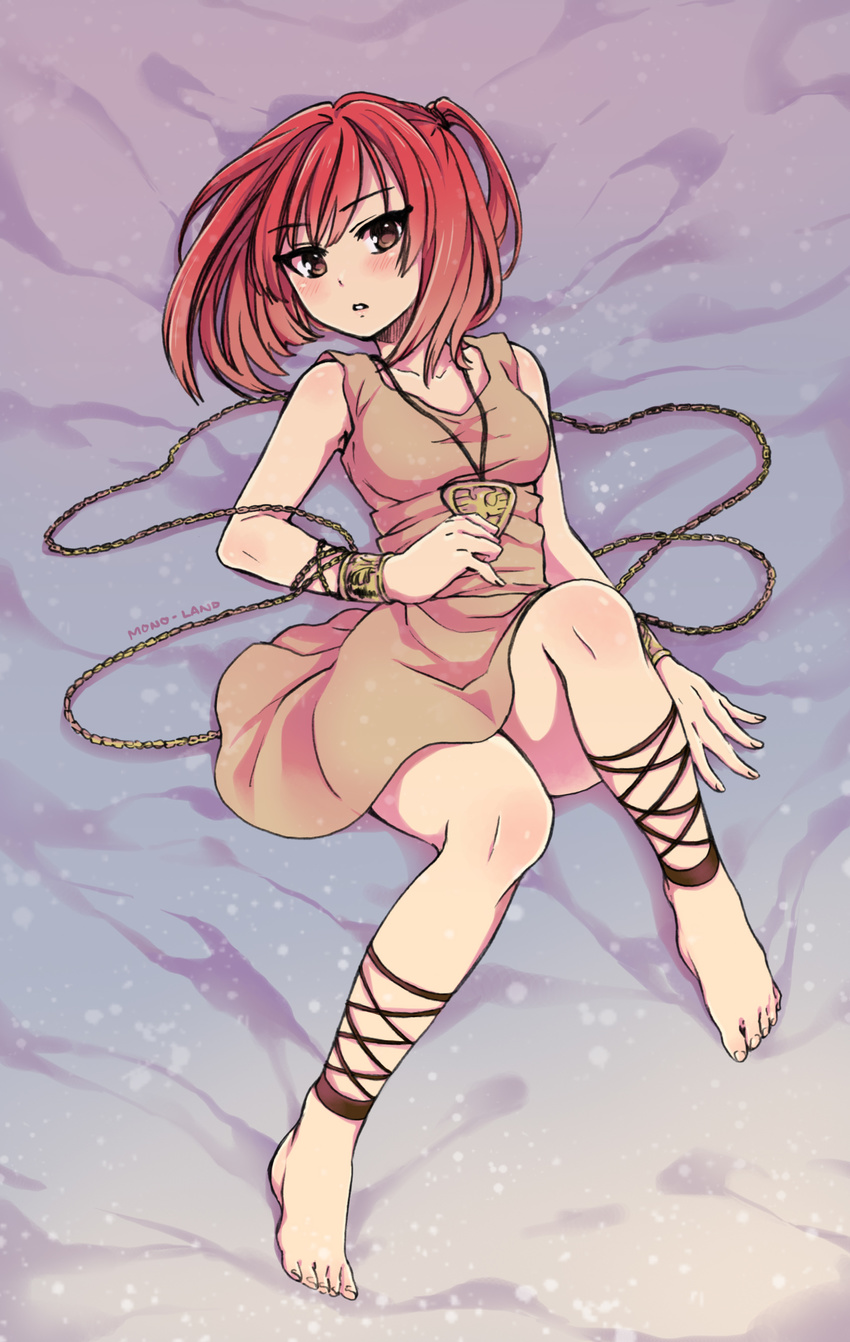 absurdres ankle_lace-up barefoot blush chain cross-laced_footwear dress highres lying magi_the_labyrinth_of_magic mono_land morgiana red_eyes red_hair sand short_dress solo white_dress wrist_cuffs