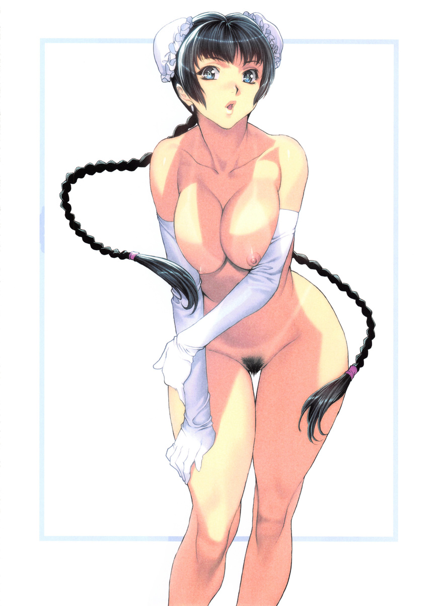 absurdres black_hair braid breasts bun_cover double_bun elbow_gloves gloves gundam gundam_00 highres holding_arm homare_(fool's_art) large_breasts long_hair nipples open_mouth pubic_hair simple_background solo tan tanline thigh_gap twin_braids wang_liu_mei white_gloves