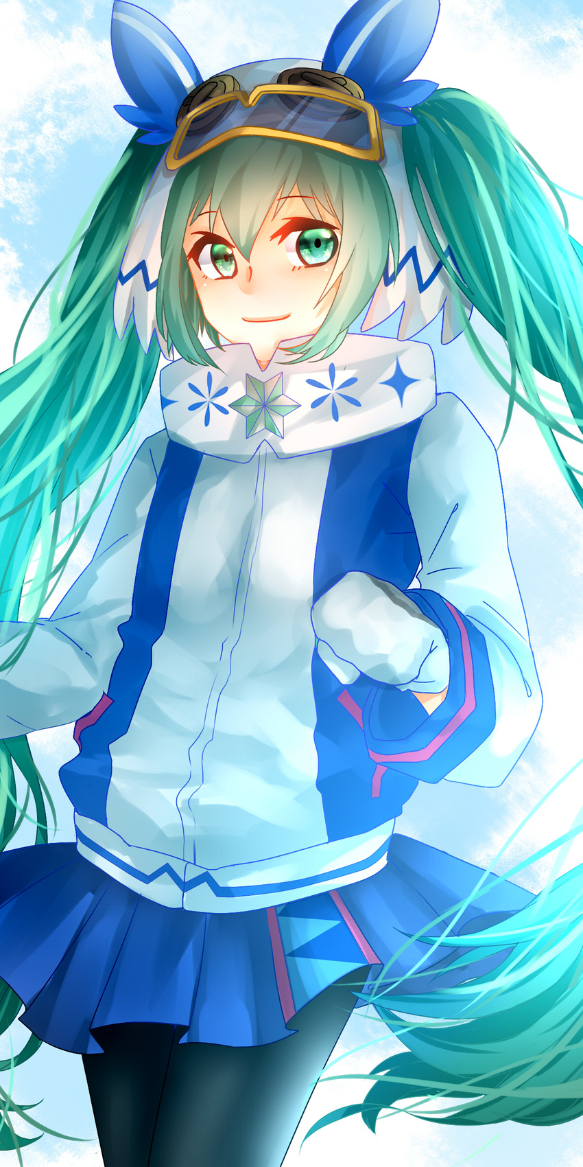 artist_request goggles green_eyes green_hair hatsune_miku highres long_hair looking_at_viewer pantyhose ski_goggles solo twintails vocaloid yuki_miku