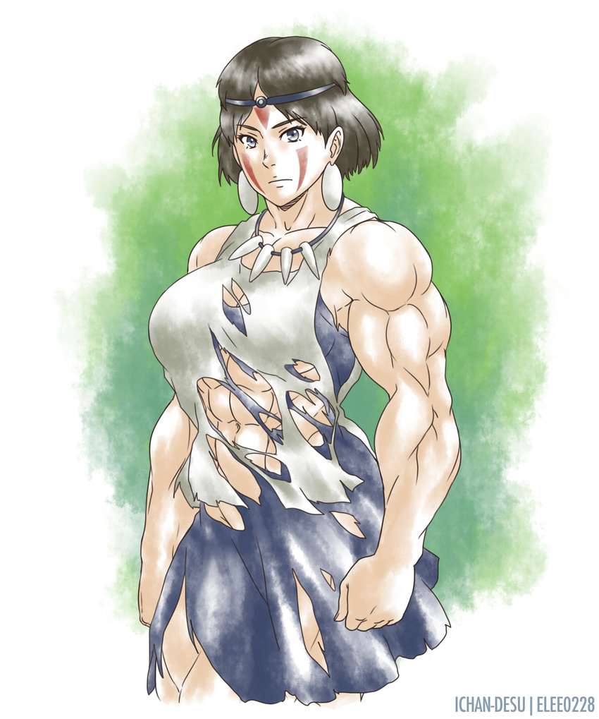 abs artist_name bare_arms blue_dress breasts brown_hair collarbone dress earrings facepaint highres huge_breasts ichan-desu jewelry mononoke_hime muscle muscular_female neck san short_dress short_hair solo torn_clothes tribal watermark