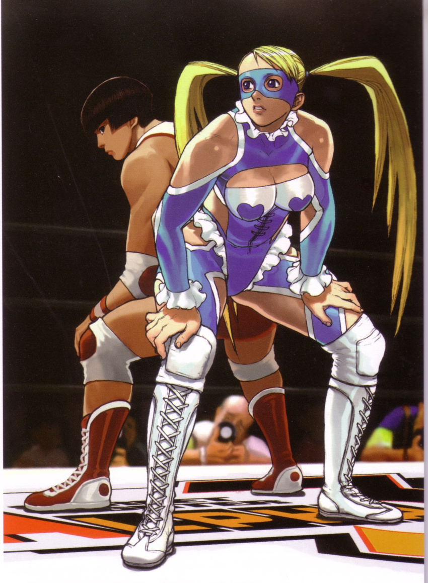 90s ass-to-ass back-to-back bare_shoulders black_hair blonde_hair blue_eyes blue_leotard boots breasts cleavage cleavage_cutout cross-laced_footwear detached_sleeves hands_on_own_knees highres ikeno_daigo knee_pads lace-up_boots large_breasts leotard long_hair mask multiple_girls nose official_art rainbow_mika scan scan_artifacts short_hair street_fighter street_fighter_zero_(series) twintails wrestling_mask wrestling_outfit wrestling_ring yamato_nadeshiko_(street_fighter)