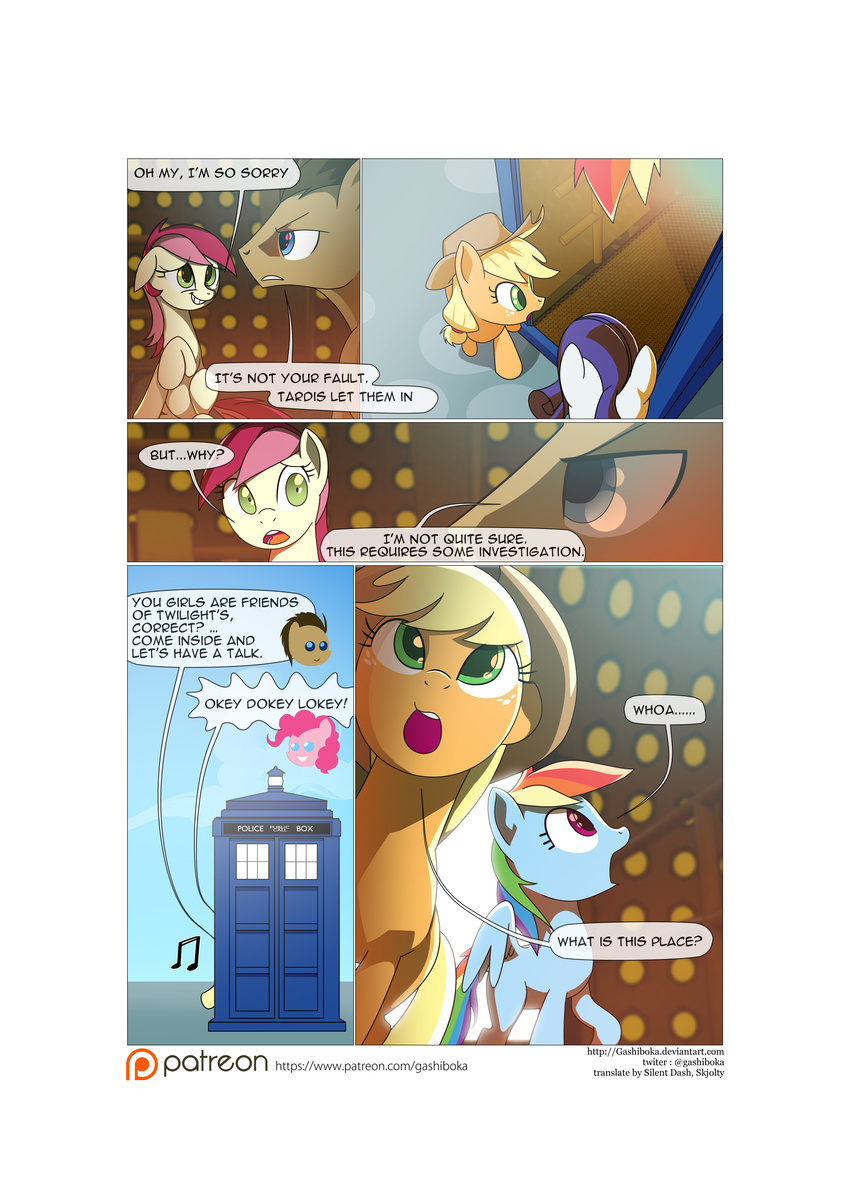 2015 applejack_(mlp) comic doctor_who doctor_whooves_(mlp) english_text equine female feral friendship_is_magic fur gashiboka hair horse mammal my_little_pony pegasus pinkie_pie_(mlp) pony rainbow_dash_(mlp) rarity_(mlp) rose_(mlp) tardis text wings