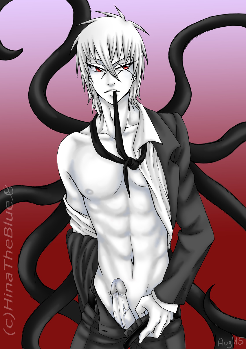 1boy abs belt fan_character male_focus necktie open_clothes pale_skin penis red_eyes scar shirtless simple_background slender solo striped stripping suit tentacle tie tyro undressing white_hair