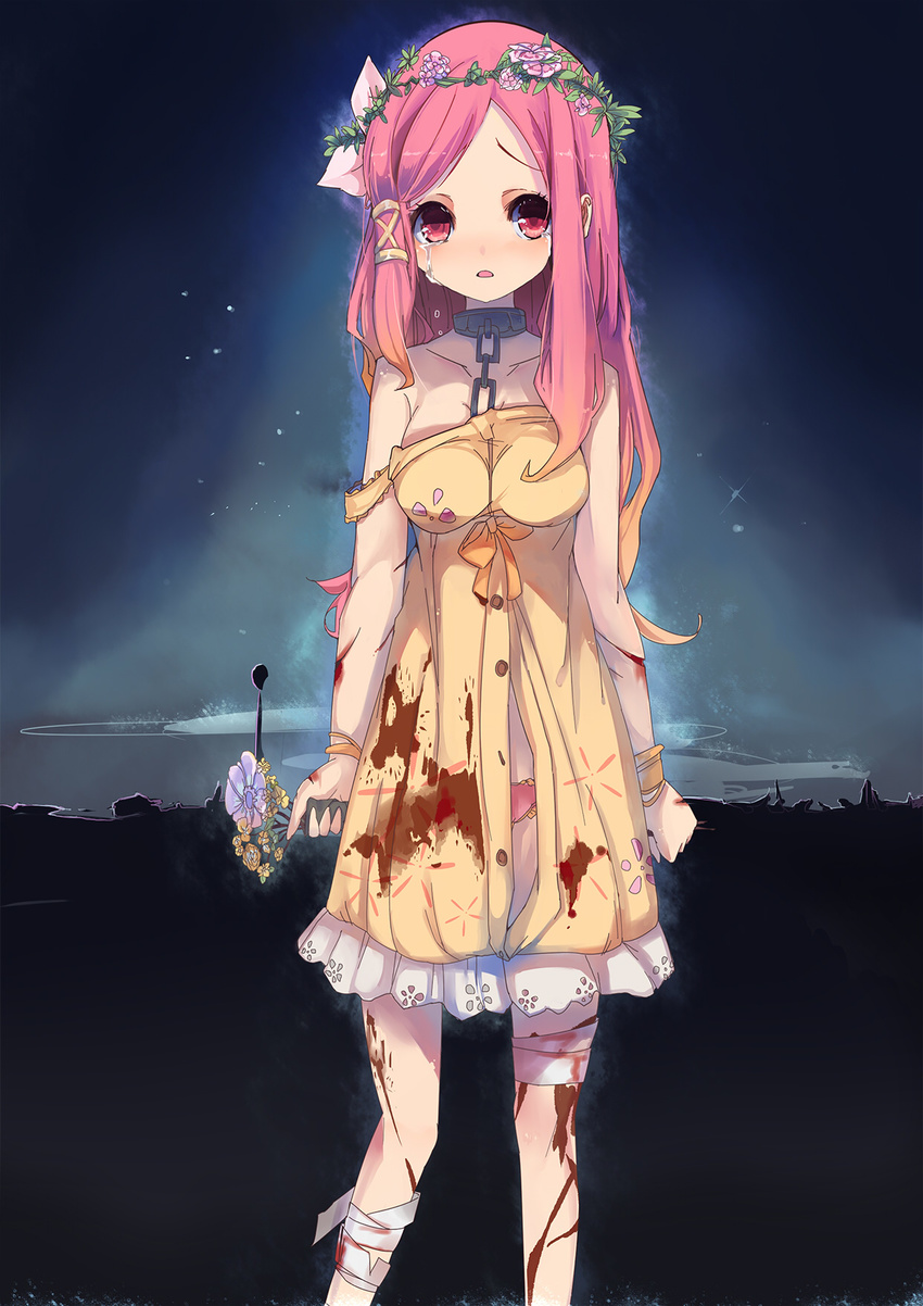 bad_id bad_pixiv_id bandages bangs bare_shoulders blood bouquet breasts bruise chain collar commentary crown crying crying_with_eyes_open cuts deep_wound dress flower hair_flower hair_ornament hana-chan_(me!me!me!) head_wreath highres injury long_hair looking_at_viewer me!me!me! medium_breasts mitu_yang off_shoulder open_mouth panties parted_bangs pink_hair red_eyes sketch solo tears torn_clothes underwear