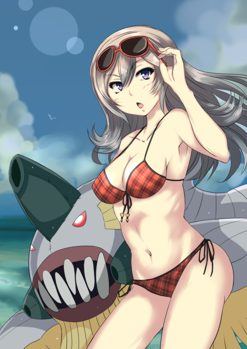 alisa_ilinichina_amiella armpits bikini breasts cleavage eyewear_on_head front-tie_top god_eater grimjin highres large_breasts long_hair looking_at_viewer monster navel open_mouth plaid plaid_bikini purple_eyes side-tie_bikini silver_hair solo standing strap_gap sunglasses swimsuit