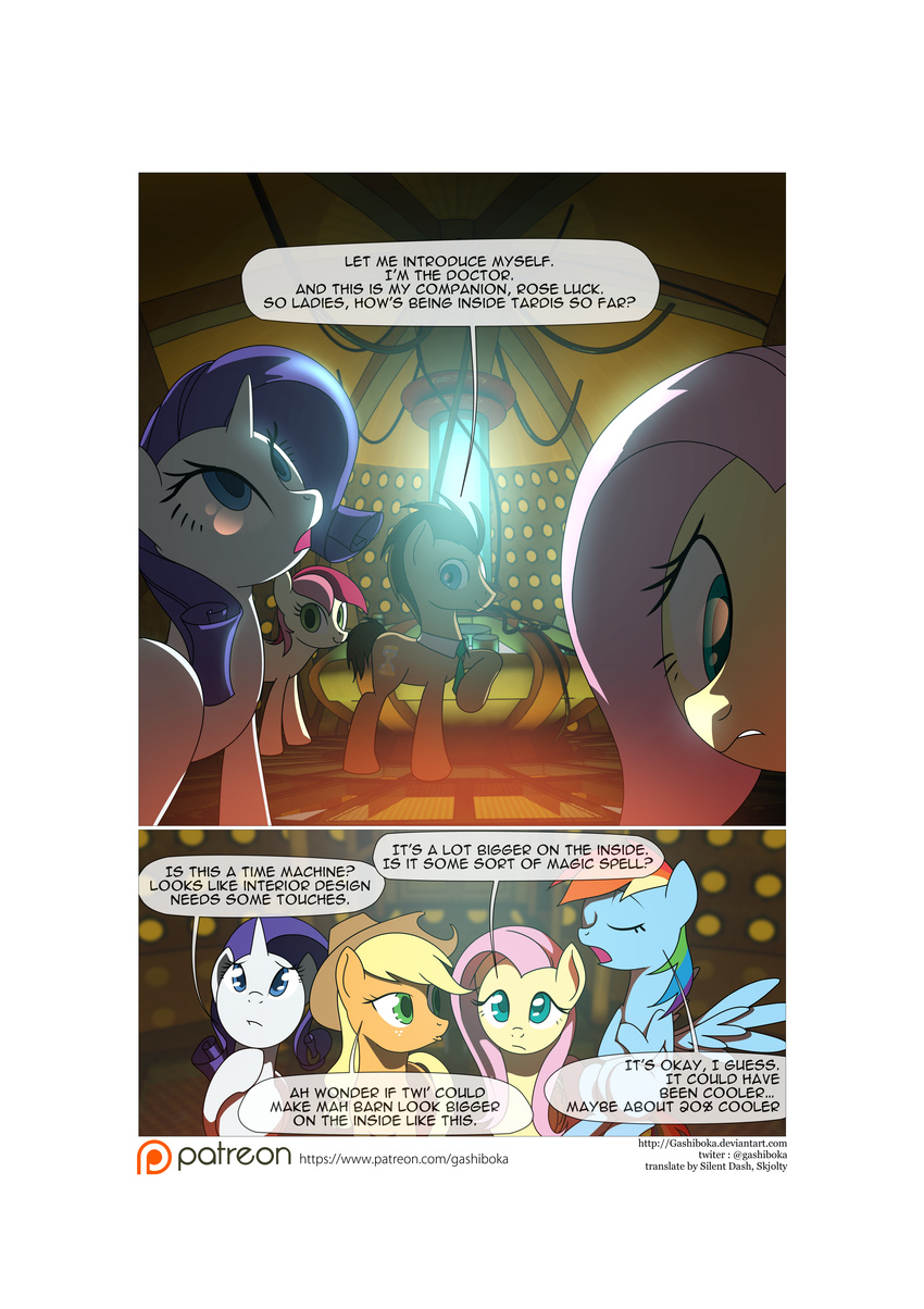 2015 applejack_(mlp) comic cutie_mark doctor_who doctor_whooves_(mlp) earth_pony english_text equine female feral fluttershy_(mlp) friendship_is_magic fur gashiboka hair horn horse male mammal my_little_pony open_mouth pegasus pony rainbow_dash_(mlp) rarity_(mlp) rose_(mlp) tardis text unicorn wings