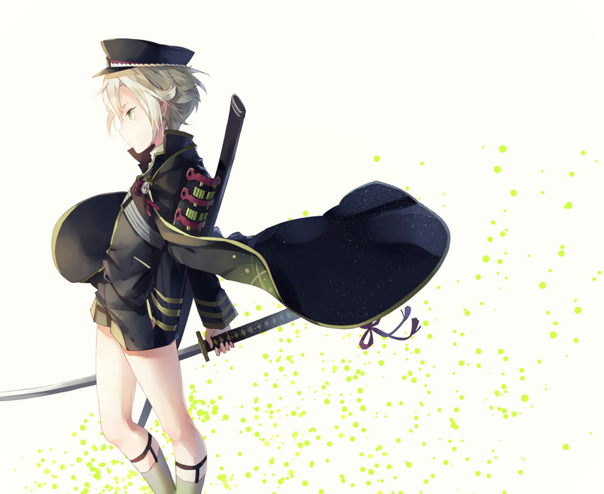 armor cape garters green_eyes grey_legwear hand_in_pocket hat highres hotarumaru japanese_armor kneehighs male_focus ootachi profile shorts shoulder_armor shuzi silver_hair sock_garters sode solo sword touken_ranbu weapon