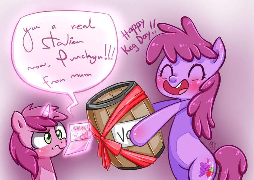 2015 berry_pinch_(mlp) berry_punch_(mlp) blue_eyes blush card confusion cutie_mark daughter dialogue drunk duo equine female frankier77 friendship_is_magic hair horn horse keg mammal mother mother_and_daughter my_little_pony parent pink_hair pony ribbons unicorn