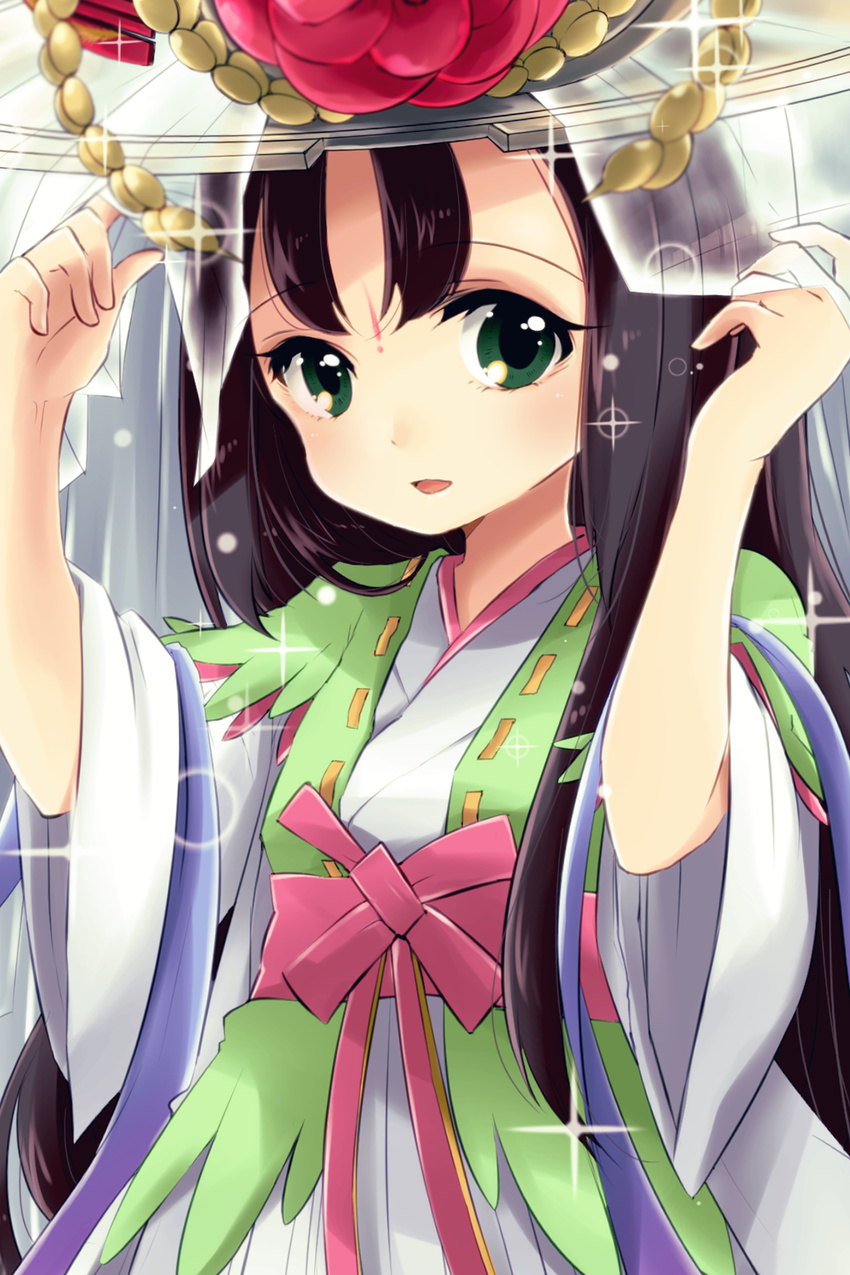 :d facial_mark flower forehead_mark green_eyes hands_on_headwear hat highres japanese_clothes kushinada_(p&amp;d) light_particles long_hair open_mouth pikomarie puzzle_&amp;_dragons smile solo sparkle