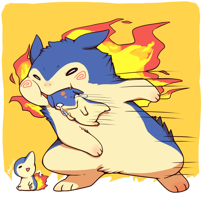 chibi crying cyndaquil evolution fiery_tail fire gen_2_pokemon highres huiro mouth_hold no_humans pokemon pokemon_(creature) quilava tail tears typhlosion