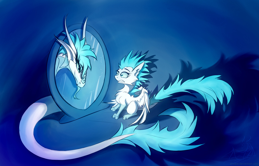 blue_background blue_theme dragon feathered_wings feathers feral fur green_eyes horn oksara patch_(character) scalie scared simple_background tongue tongue_out white_fur wings