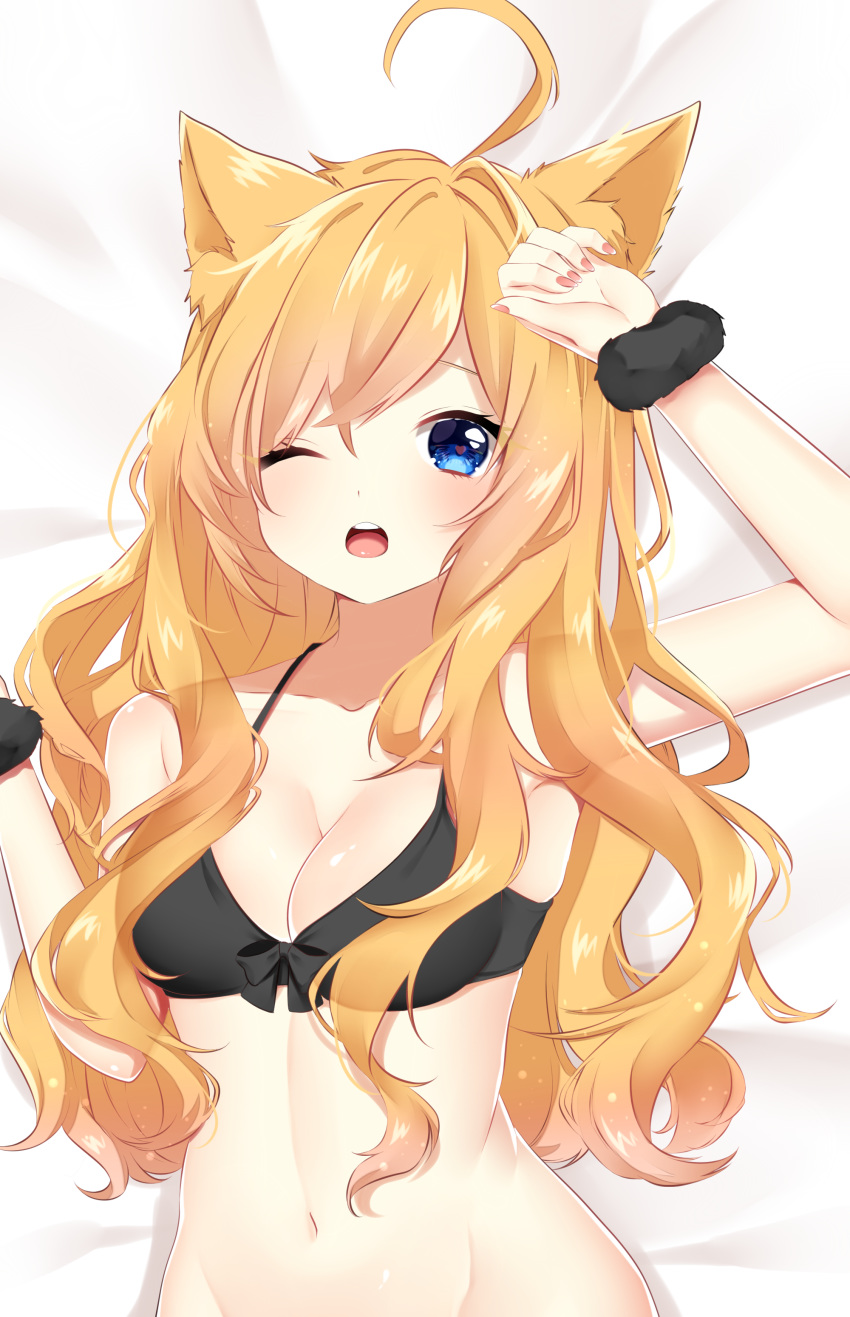 1girl absurdres animal_ear_fluff animal_ears arm_up bangs bare_arms bare_shoulders bed_sheet black_bow black_bra blonde_hair blue_eyes blush bow bra breasts cat_ears cleavage commentary_request groin halterneck hand_up highres long_hair looking_at_viewer lying medium_breasts nail_polish navel on_back one_eye_closed open_mouth original pink_nails shiki_(s1k1xxx) solo stomach underwear upper_body wrist_cuffs