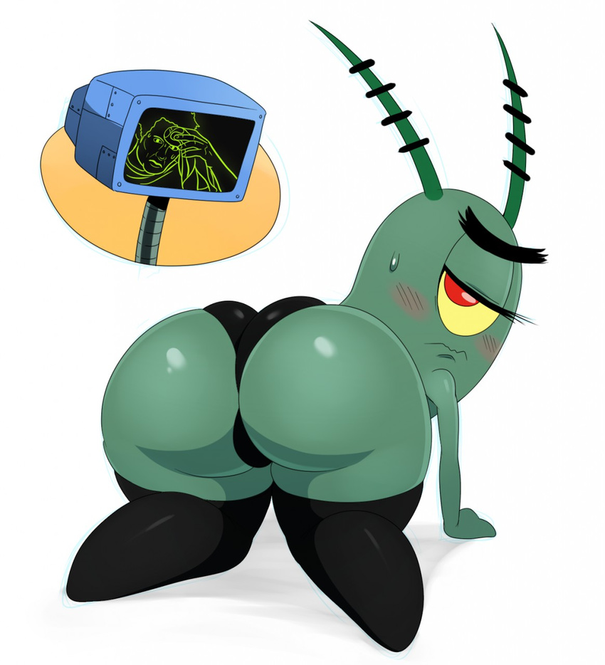 2015 blush butt clothing karen leggings legwear looking_at_viewer looking_back male nickelodeon plankton solo spongebob_squarepants sssonic2 what