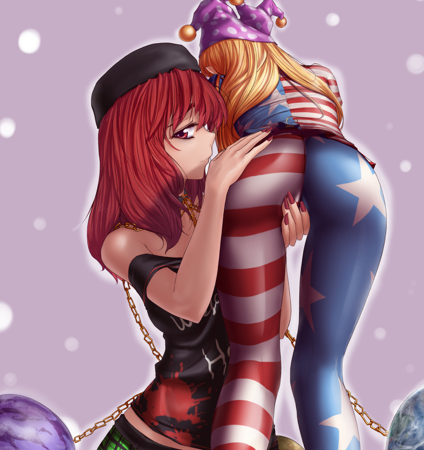 american_flag_dress american_flag_legwear ass ass_rubbing bare_shoulders blonde_hair chain clothes_writing clownpiece derivative_work earth_(ornament) fingering fingering_through_clothes hat hater_(hatater) hecatia_lapislazuli highres jester_cap kneepits long_hair multiple_girls off-shoulder_shirt pantyhose pointy_ears polos_crown red_eyes red_hair shirt smile through_clothes touhou very_long_hair yuri