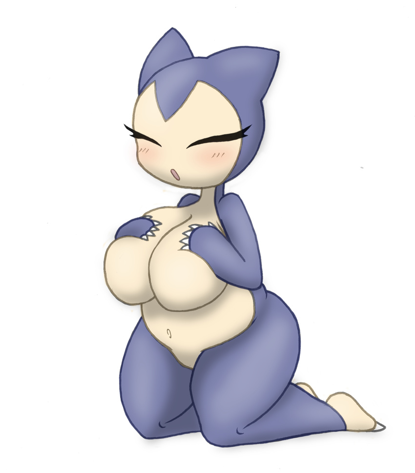 anthro belly big_breasts bit-small blush breast_squish breasts chubby cute female hand_on_chest huge_breasts kneeling nintendo overweight pok&eacute;mon short_stack simple_background snorlax solo video_games wide_hips