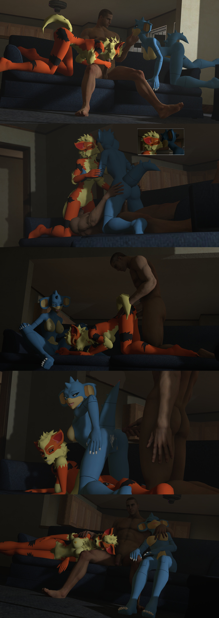 2015 3d after_sex anthro arcanine balls bed blue_hair blue_skin breasts butt canine cgi cum cum_on_body cum_on_butt digital_media_(artwork) duo erect_nipples erection eyes_closed female female/female fur gorilka group group_sex hair horn human human_on_anthro interspecies lying male male/female mammal masturbation nidoqueen nintendo nipples nude on_bed open_mouth oral penetration penis pok&eacute;mon pussy sex sleeping smile source_filmmaker threesome tongue tongue_out vaginal video_games yellow_fur