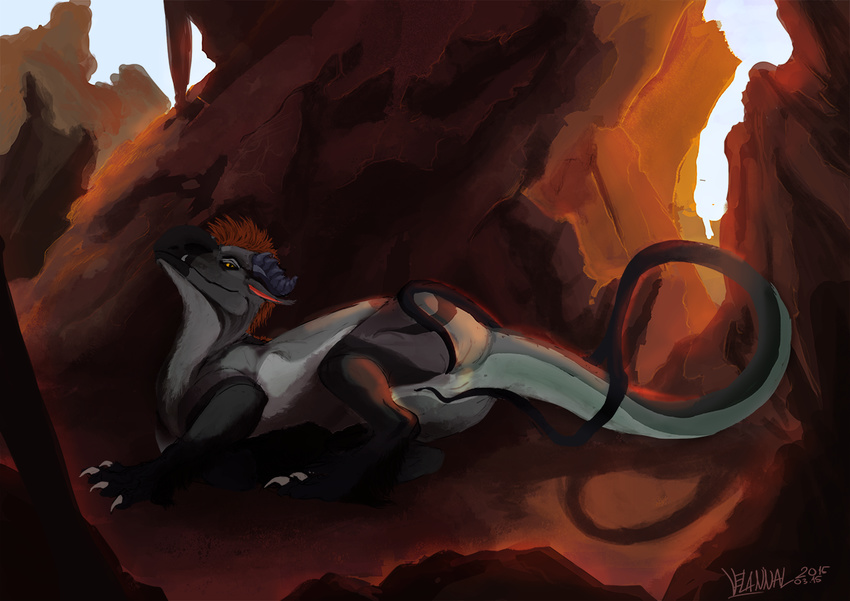 2015 black_scales brown_hair claws desert dragon female feral forked_tail grey_scales hair looking_at_viewer lying on_side onisyra_(character) orange_eyes outside presenting pussy rock scales scalie solo toe_claws velannal