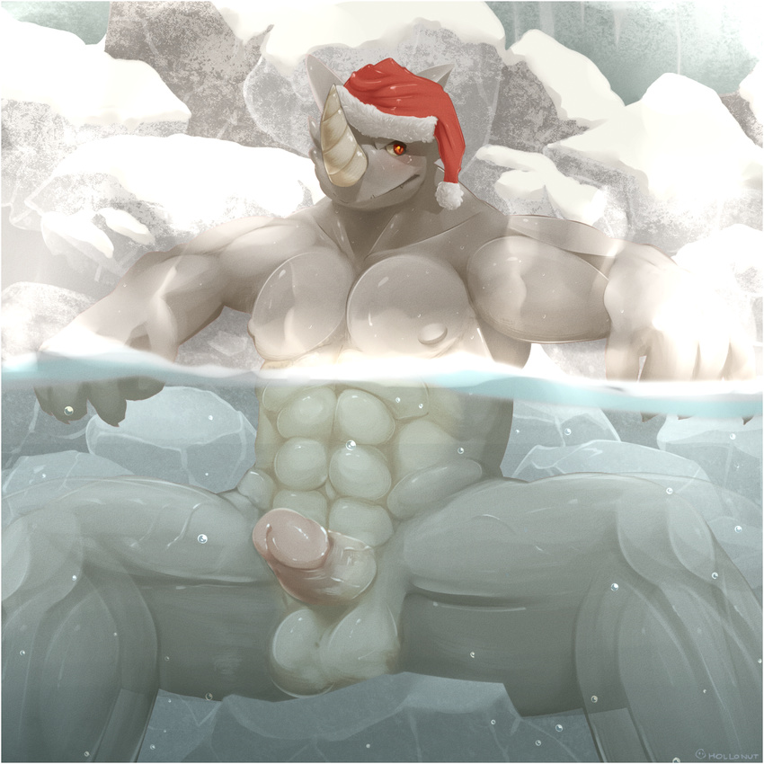 abs anthro balls christmas circumcised erection hat holidays hollo_nut hot_spring humanoid_penis male mostly_nude muscular nintendo partially_submerged penis pok&eacute;mon rhydon santa_hat sitting solo spread_legs spreading video_games water