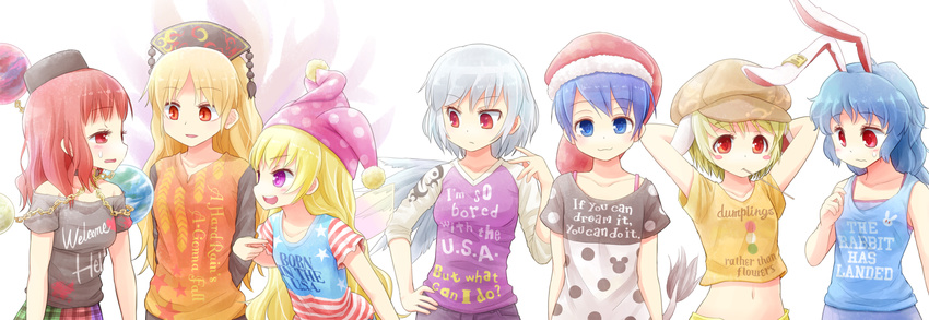 :3 adapted_costume alternate_costume animal_ears blonde_hair blue_eyes blue_hair blush blush_stickers bunny_ears cabbie_hat chain clothes_writing clownpiece contemporary dango disney doremy_sweet earth_(ornament) english flat_cap floppy_ears food fox_tail hat hecatia_lapislazuli highres jester_cap junko_(touhou) kishin_sagume legacy_of_lunatic_kingdom long_hair long_sleeves looking_at_another looking_at_viewer mickey_mouse midriff moon_(ornament) morioka_itari multiple_girls multiple_tails navel nightcap off_shoulder open_mouth orange_eyes orange_shirt profile purple_eyes red_eyes red_hair ringo_(touhou) seiran_(touhou) shirt short_hair short_sleeves silver_hair simple_background single_wing skewer sleeveless smile sweatdrop t-shirt tail tapir_tail touhou upper_body wagashi white_background wings