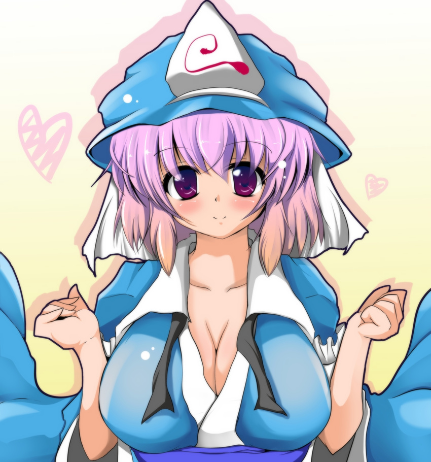 blush breasts cleavage commentary_request haruto_(hirokazu1001) highres japanese_clothes large_breasts looking_at_viewer pink_eyes pink_hair saigyouji_yuyuko short_hair smile solo touhou triangular_headpiece