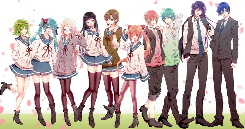 6+girls 66_(roro) ankle_boots aqua_eyes aqua_hair arms_behind_back black_footwear black_hair black_legwear blue_eyes boots bow braid brown_eyes brown_hair cardigan everyone eyewear_on_head finger_to_mouth genderswap genderswap_(ftm) green_eyes green_hair grey_hair gumi hair_bow hair_ornament hairclip hand_on_head hatsune_miku hatsune_mikuo head_tilt high_heel_boots high_heels highres ia_(vocaloid) jacket jacket_over_shoulder jacket_removed kaito kamui_gakupo long_hair looking_at_viewer meiko multiple_boys multiple_girls necktie nekomura_iroha pants pants_rolled_up pantyhose pink_hair purple_hair red_eyes sailor_collar school_uniform short_hair sinwa_(tamaki) skirt smile thighhighs vest vocaloid vy1 vy2 x_hair_ornament zettai_ryouiki