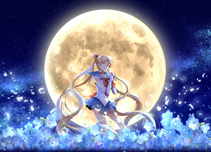 bishoujo_senshi_sailor_moon blonde_hair blue_eyes blue_sailor_collar blue_skirt bow brooch choker crescent earrings elbow_gloves facial_mark flower forehead_mark full_moon gloves hair_bun hair_ornament hairpin holding holding_wand jewelry lazy_orange long_hair magical_girl moon moon_stick object_namesake petals red_bow red_choker sailor_collar sailor_moon sailor_senshi_uniform skirt solo standing tsukino_usagi twintails wand white_gloves
