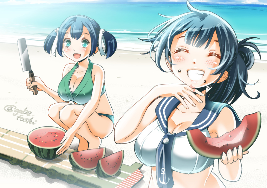 adapted_costume agano_(kantai_collection) anchor_symbol aqua_eyes bare_shoulders beach blue_hair blush breasts cleavage cleaver day eating flight_deck food fruit grin hair_up kantai_collection knife large_breasts multiple_girls navel outdoors ponytail seed smile sogabe_toshinori souryuu_(kantai_collection) squatting twintails twitter_username water watermelon wiping_face