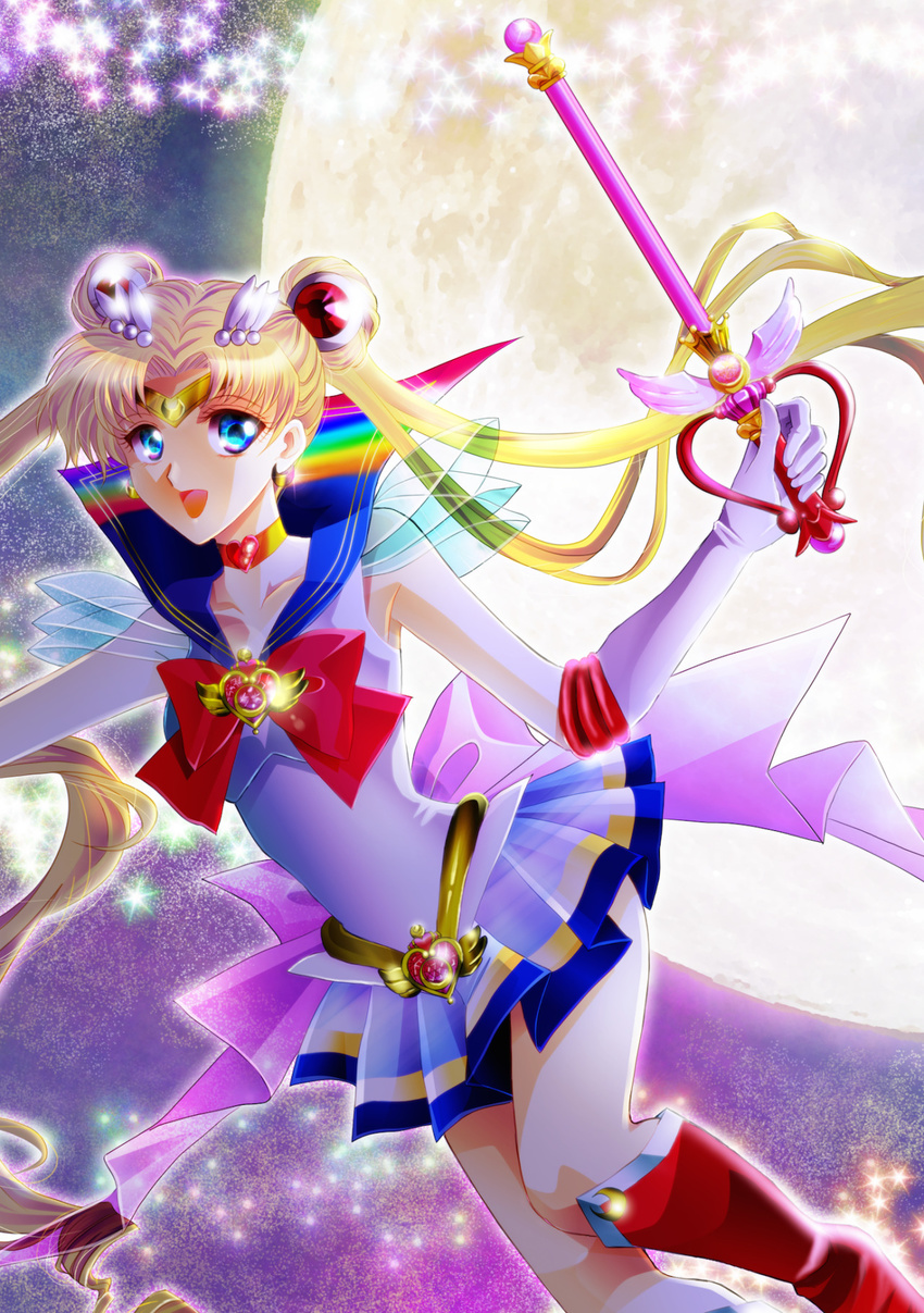 bad_id bad_tumblr_id bishoujo_senshi_sailor_moon blonde_hair blue_eyes blue_sailor_collar boots brooch choker circlet crescent crescent_earrings double_bun earrings elbow_gloves feet_out_of_frame gloves hair_ornament hairclip heart highres holding holding_wand jewelry kaleidomoon_scope knee_boots long_hair miniskirt moon multicolored multicolored_clothes multicolored_skirt open_mouth pleated_skirt rainbow_gradient red_footwear ribbon sailor_collar sailor_moon sailor_senshi_uniform skirt smile solo super_sailor_moon tsukasaki_ryouko tsukino_usagi twintails very_long_hair wand white_gloves yellow_choker