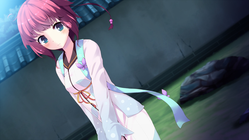 1girl blue_eyes blush closed_mouth female game_cg hair_ornament japanese_clothes long_sleeves looking_at_viewer purple_hair sengoku_hime sengoku_hime_5 short_hair solo taigen_setsusai traditional_clothes