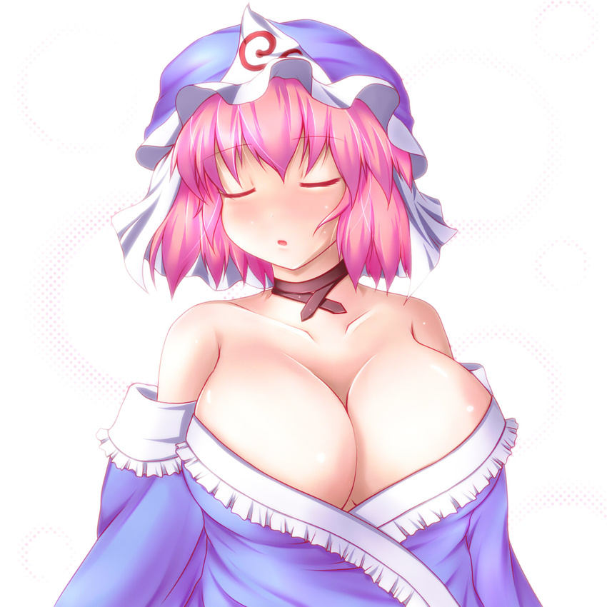 bare_shoulders blush breasts cleavage closed_eyes commentary_request highres japanese_clothes large_breasts mellpon off_shoulder pink_hair saigyouji_yuyuko short_hair solo touhou triangular_headpiece