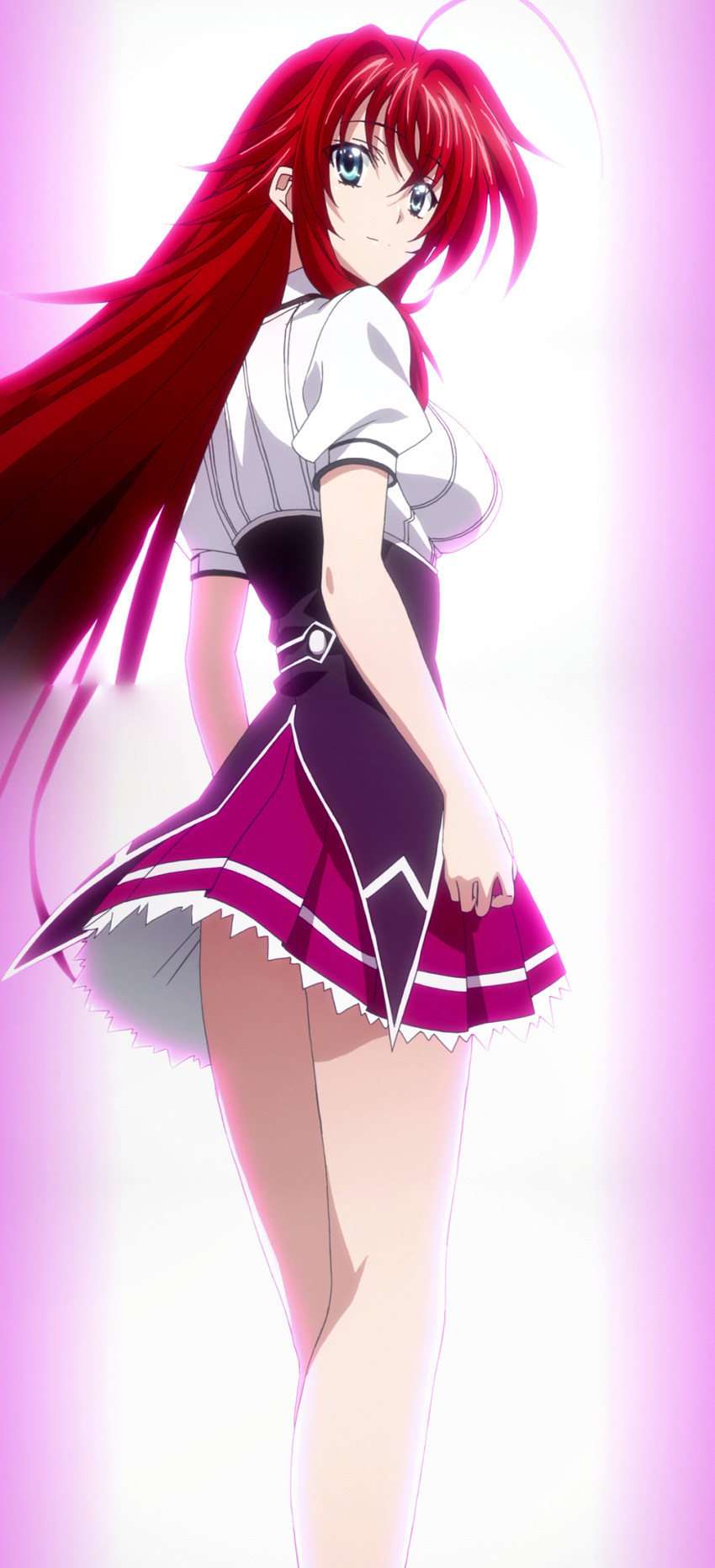 ahoge back blue_eyes breasts female gradient gradient_background high_school_dxd highres large_breasts legs long_hair looking_back miniskirt red_hair rias_gremory school_uniform short_skirt skirt smile solo standing stitched