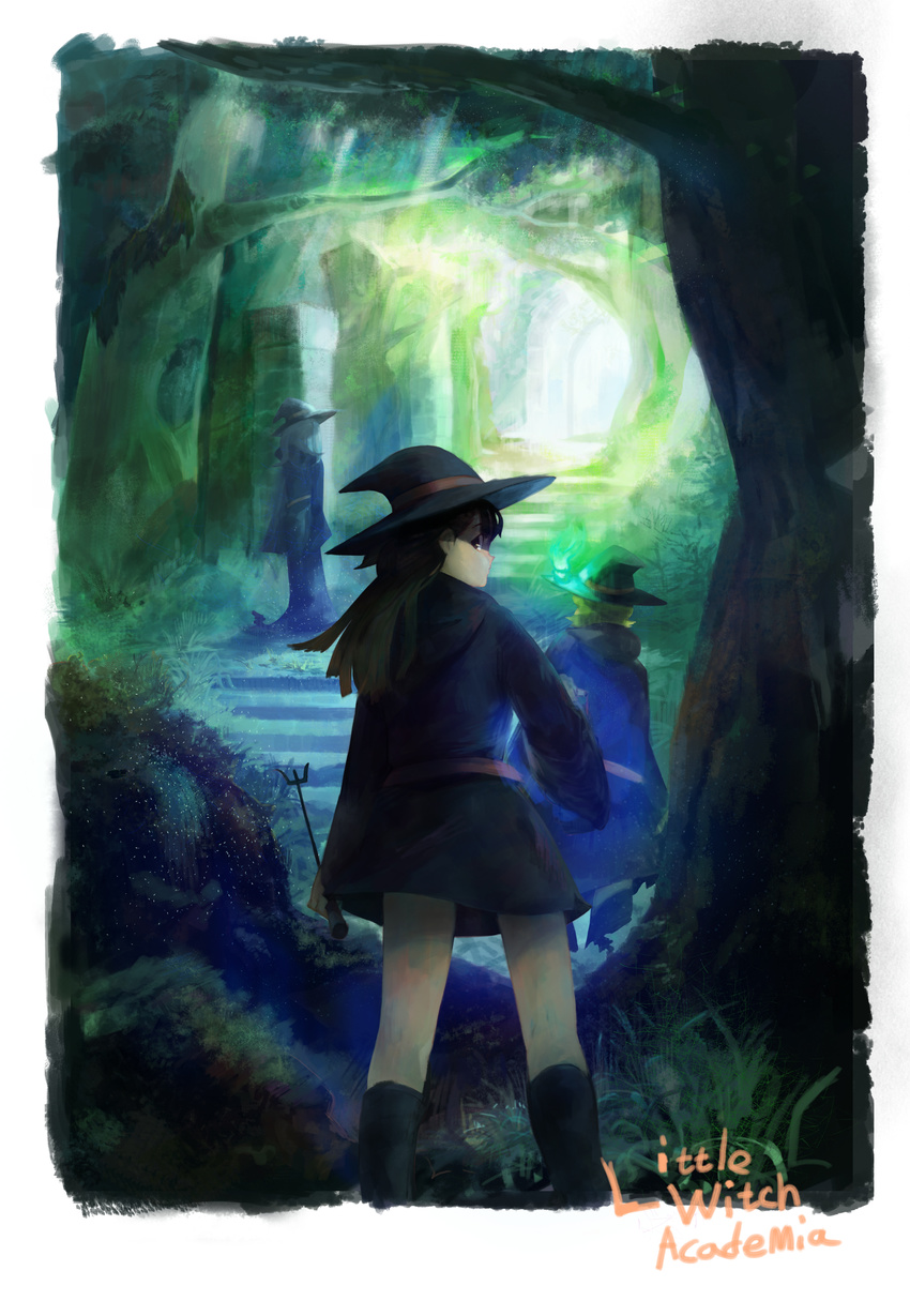 absurdres black_legwear boots brown_hair copyright_name double_h_(shq3456) from_behind hat highres kagari_atsuko kneehighs little_witch_academia long_hair looking_at_viewer looking_back lotte_jansson multiple_girls skirt sucy_manbavaran wand witch witch_hat