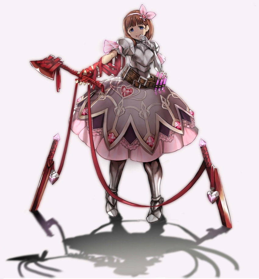 arm_ribbon armor armored_dress axe belt blue_eyes brown_hair empty_eyes granblue_fantasy greaves hair_ornament hairband hatchet heart heart_hair_ornament highres houen idolmaster idolmaster_cinderella_girls looking_at_viewer pauldrons planted_weapon ribbon sakuma_mayu shaded_face short_hair smile solo test_tube weapon