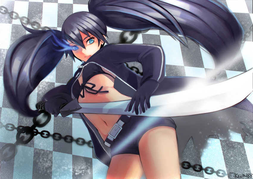 bad_id bad_pixiv_id bikini_top black_gloves black_hair black_rock_shooter black_rock_shooter_(character) blue_eyes burning_eye chain checkered checkered_background coat flat_chest front-tie_bikini front-tie_top gloves hair_between_eyes highres katana kkun88 lips long_hair midriff navel short_shorts shorts solo sword twintails uneven_twintails very_long_hair weapon