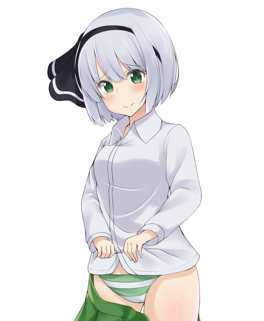 1girl ass_visible_through_thighs black_hair black_ribbon blush closed_mouth commentary_request dress_shirt eyebrows_visible_through_hair frown green_eyes green_panties green_skirt hair_ribbon hairband highres konpaku_youmu korean_commentary lifted_by_self long_sleeves looking_at_viewer open_collar panties pleated_skirt ribbon shirt shirt_lift short_hair silver_hair simple_background skirt skirt_pull solo standing striped striped_panties tearing_up touhou underwear white_background white_shirt wing_collar z_loader