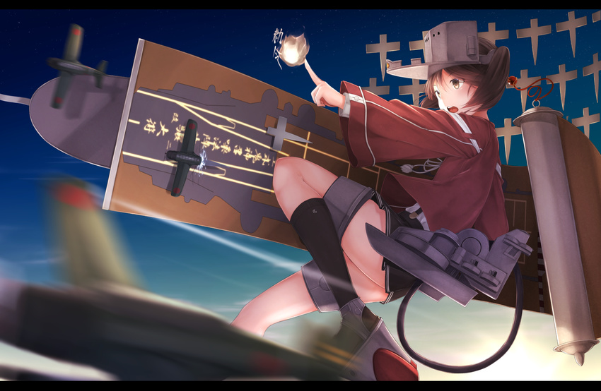 aircraft airplane bad_id bad_pixiv_id black_legwear blur brown_eyes brown_hair commentary_request fireball highres kantai_collection open_mouth pleated_skirt pointing rerrere ryuujou_(kantai_collection) scroll shikigami single_sock skirt sky socks solo star_(sky) starry_sky twintails visor_cap