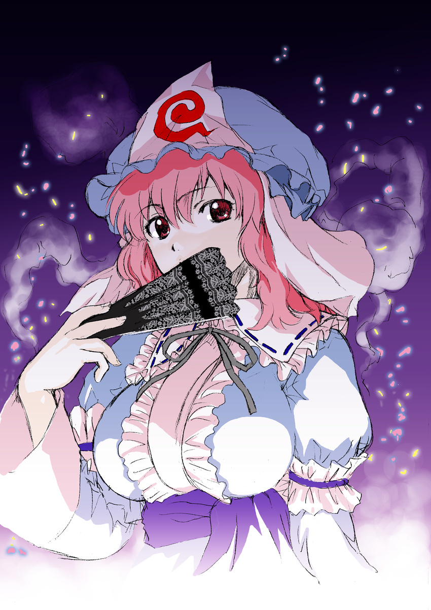 absurdres blush breasts commentary_request covering_mouth fan hat highres japanese_clothes large_breasts looking_at_viewer oonuma_hiroshi pink_eyes pink_hair ribbon saigyouji_yuyuko short_hair sketch solo touhou triangular_headpiece