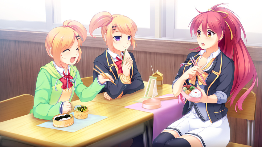 3girls black_legwear black_thighhighs blonde_hair blush bow breasts brown_eyes chair character_request cleavage closed_mouth collarbone drink ds9_debate_school_nine eating eyes_closed female food game_cg hair_ornament hair_ribbon hairclip jado_soft long_hair long_sleeves looking_at_another looking_at_viewer mochizuki_an multiple_girls open_mouth paper ponytail purple_eyes purple_hair red_bow red_hair ribbon school_uniform short_hair side_ponytail sitting skirt sleeves_rolled_up smile table thighhighs trio wallpaper white_skirt yellow_bow yellow_ribbon zettai_ryouiki