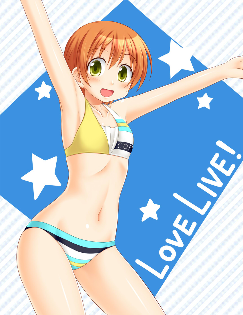 \o/ arms_up bikini clothes_writing highres hoshizora_rin love_live! love_live!_school_idol_project one_eye_closed orange_hair outstretched_arms short_hair solo striped striped_bikini swimsuit utomo yellow_eyes