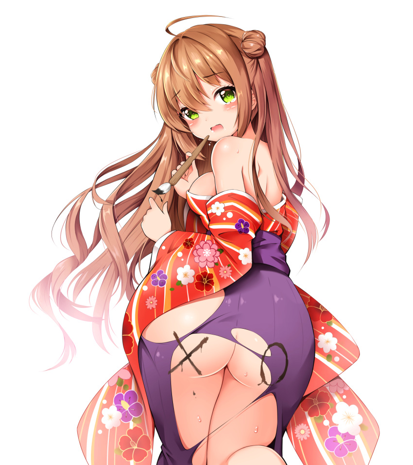 1girl ahoge ass bangs bare_shoulders bloody0rabby blush body_writing breasts brown_hair calligraphy_brush commentary double_bun eyebrows_visible_through_hair floral_print girls_frontline green_eyes hair_between_eyes hakama highres holding holding_paintbrush japanese_clothes kimono long_hair long_sleeves looking_at_viewer looking_back medium_breasts no_panties off_shoulder open_mouth paintbrush print_kimono purple_hakama red_kimono rfb_(girls_frontline) short_kimono shoulder_blades side_bun simple_background solo sweat tears torn_clothes torn_hakama very_long_hair white_background