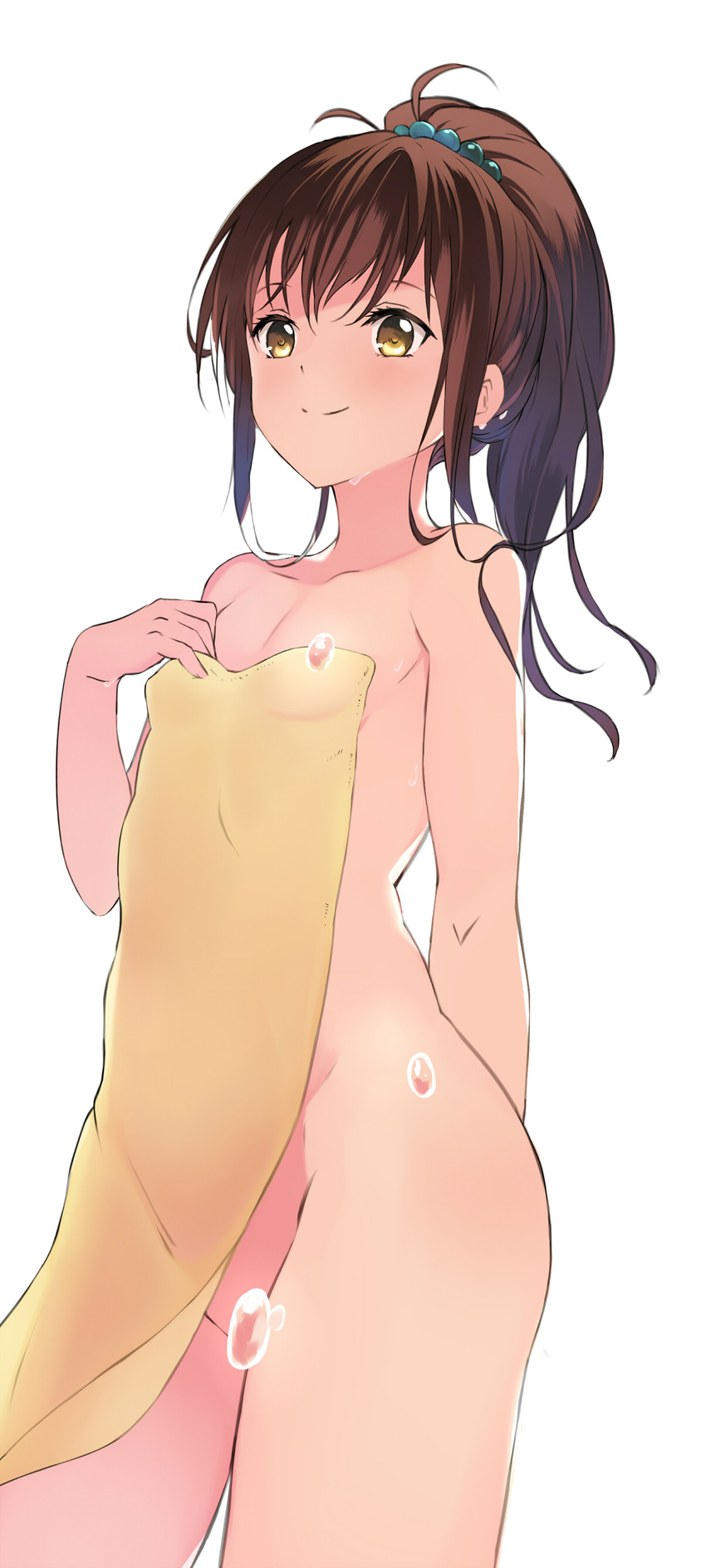 absurdres breasts brown_eyes brown_hair convenient_censoring covering highres long_hair nude nude_cover ponytail por simple_background small_breasts smile solo to_love-ru towel water white_background yellow_towel yuuki_mikan