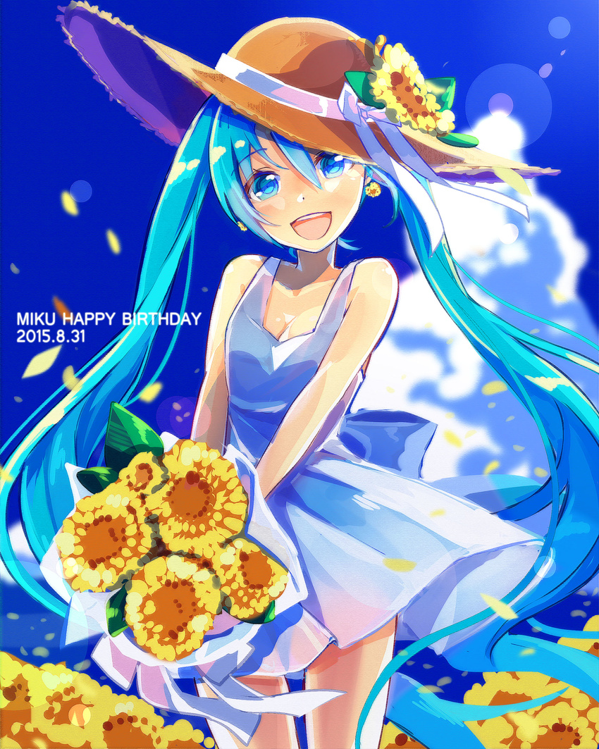 2015 :d absurdres aqua_eyes aqua_hair bouquet cloud dated day dress flower happy_birthday hat hatsune_miku highres long_hair looking_at_viewer nou open_mouth sky smile solo sun_hat twintails very_long_hair vocaloid