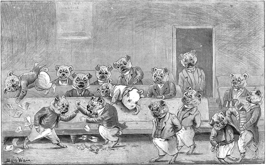 argument biped bulldog canine clothed clothing digitigrade dog falling greyscale group hands_behind_back inside license_info louis_wain male mammal monochrome open_mouth public_domain semi-anthro sitting standing traditional_media_(artwork)