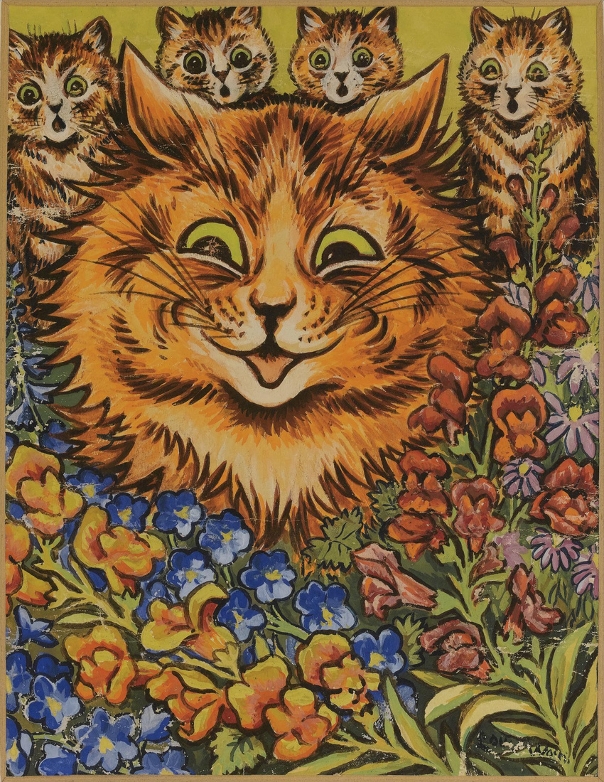 age_difference ambiguous_gender brown_border brown_fur cat cub feline feral flower fur group hi_res license_info louis_wain mammal open_mouth painting_(artwork) plant public_domain size_difference smile solo_focus traditional_media_(artwork) whiskers yellow_eyes young
