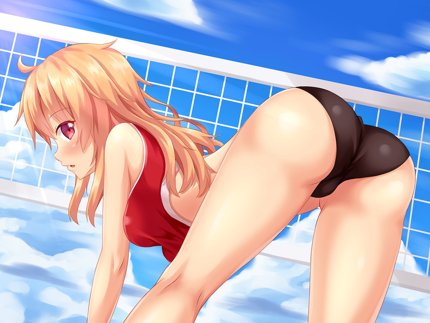 artist_self-insert ass bent_over bikini blonde_hair blush cloud cloudy_sky day fast-runner-2024 from_behind highres long_hair looking_at_viewer looking_back original pink_eyes sky solo sports_bikini sportswear swimsuit tiffy trefoil volleyball volleyball_uniform