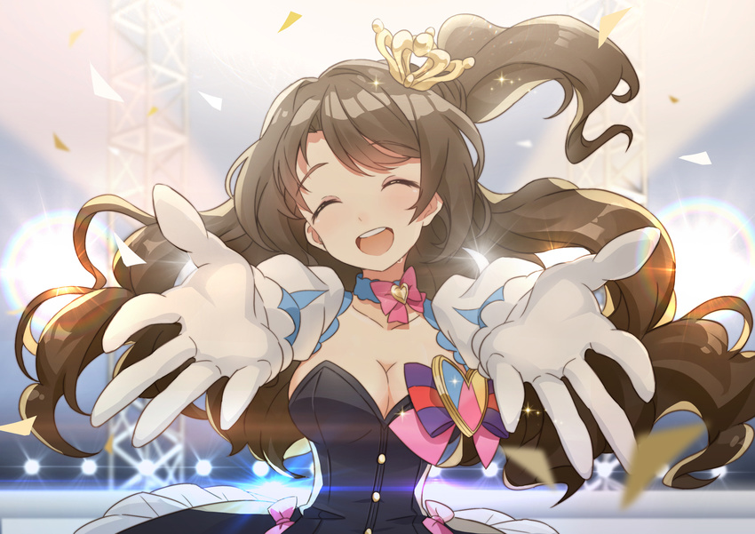 :d ^_^ brown_hair closed_eyes dress gloves highres idolmaster idolmaster_cinderella_girls long_hair one_side_up open_mouth outstretched_arms outstretched_hand shimamura_uzuki smile solo star!! tsukii