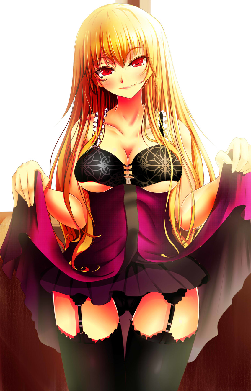 absurdres bare_arms bare_shoulders black_bra black_legwear black_panties blonde_hair bra breasts collarbone dress dress_lift fukunaga_kazuhiro garter_straps head_tilt highres large_breasts long_hair open_clothes open_dress panties purple_dress red_eyes smirk solo thighhighs touhou underboob underwear very_long_hair yakumo_yukari