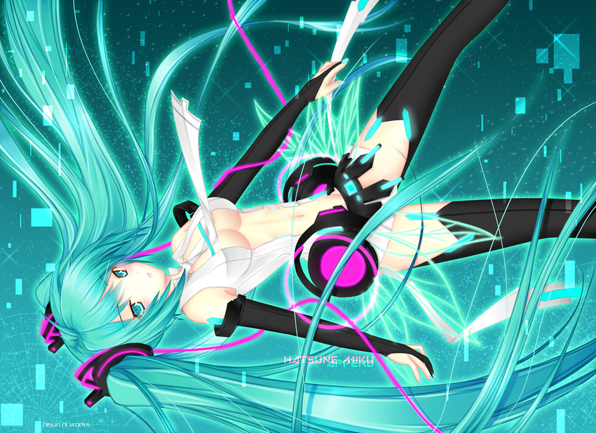 aqua_eyes aqua_hair artist_name blush breasts bridal_gauntlets center_opening character_name cleavage dutch_angle elbow_gloves gloves hatsune_miku hatsune_miku_(append) hisuri_rii long_hair medium_breasts nail_polish navel necktie solo thighhighs twintails very_long_hair vocaloid vocaloid_append