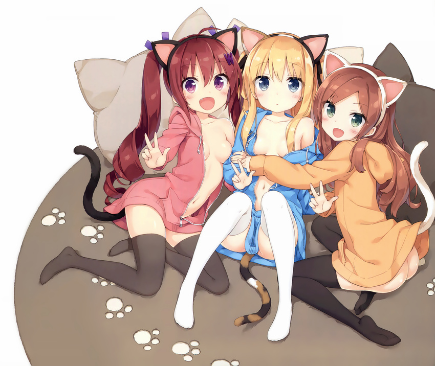 :&lt; :d absurdres ahoge animal_ears ass black_legwear blonde_hair blue_eyes blush breasts brown_hair calico cat_ears cat_tail drill_hair fake_animal_ears fang girl_sandwich green_eyes hair_ornament hair_ribbon hairband hazuki_watora highres hood hoodie long_hair looking_at_viewer lying minazuki_sarami multiple_girls naked_hoodie navel no_bra no_panties no_shoes off_shoulder on_back on_side open_mouth original paw_print peko purple_eyes red_hair ribbon sandwiched scan shimotsuki_potofu sitting small_breasts smile tail thighhighs twin_drills twintails two_side_up unzipped w white_legwear yokozuwari